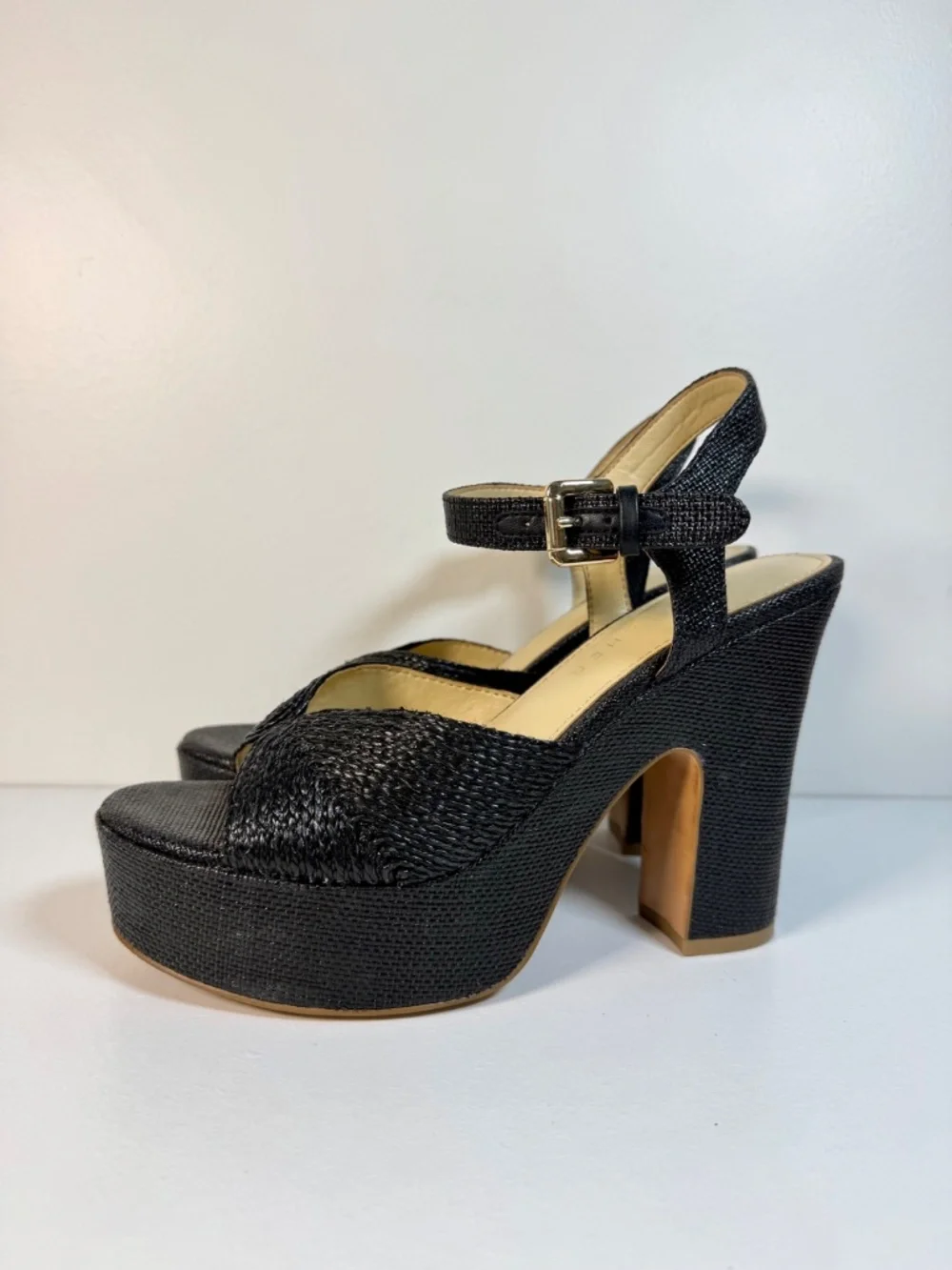 Marc Fisher LTD Black Raffia Platform Sandals | Woven Chunky Block Heel | Size 7